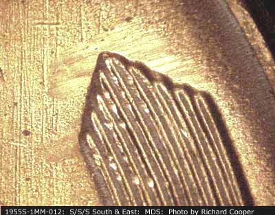 Die-stage B marker on 1955S•1MM•012 (1955 Repunched Mint Mark).