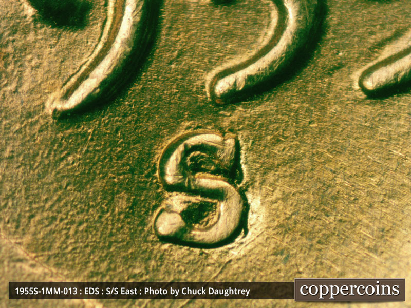 Die-stage A marker on 1955S•1MM•013 (1955 Repunched Mint Mark).