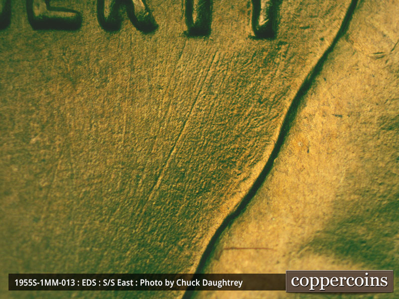 Die-stage A marker on 1955S•1MM•013 (1955 Repunched Mint Mark).