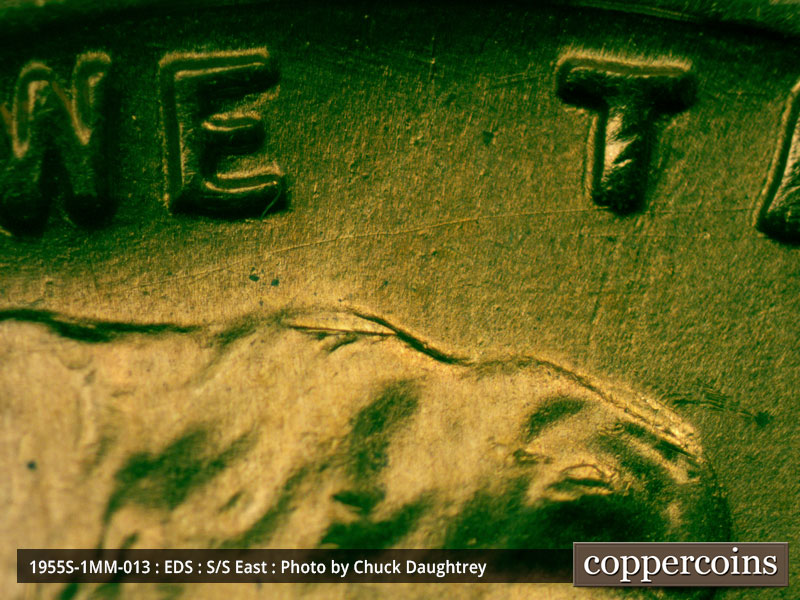 Die-stage A marker on 1955S•1MM•013 (1955 Repunched Mint Mark).