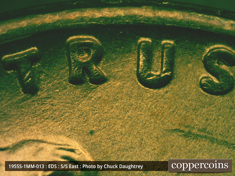 Die-stage A marker on 1955S•1MM•013 (1955 Repunched Mint Mark).