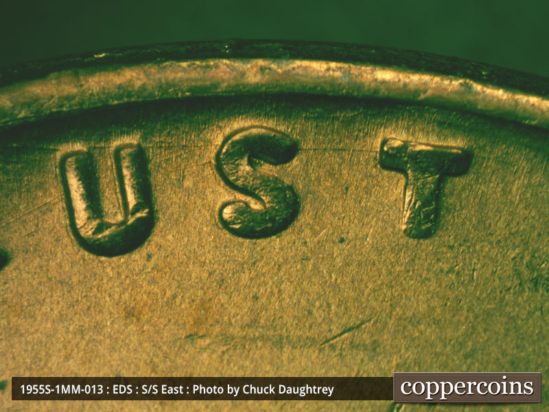 Die-stage A marker on 1955S•1MM•013 (1955 Repunched Mint Mark).