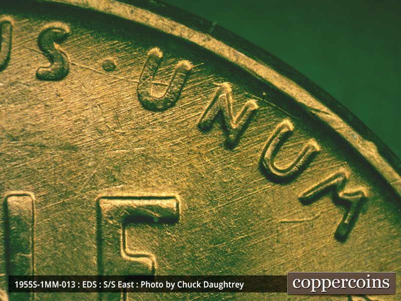 Die-stage A marker on 1955S•1MM•013 (1955 Repunched Mint Mark).