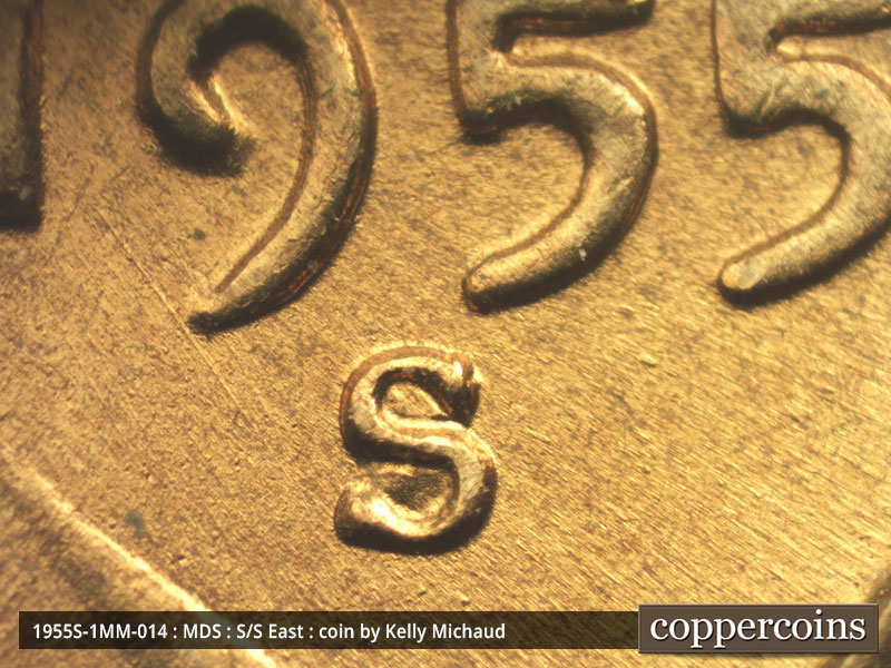 1955 Lincoln cent obverse, CopperCoins die 1955S•1MM•014.