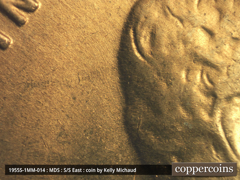 Die-stage B marker on 1955S•1MM•014 (1955 Repunched Mint Mark).