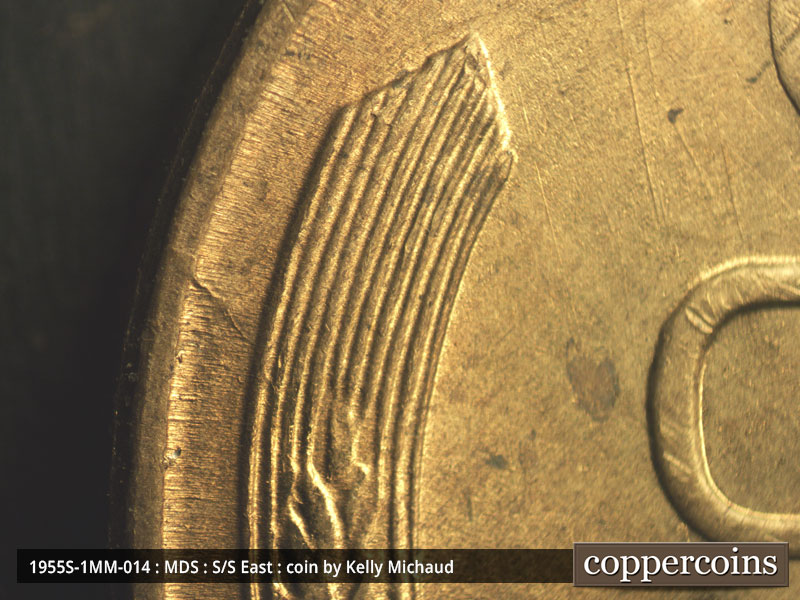 Die-stage B marker on 1955S•1MM•014 (1955 Repunched Mint Mark).