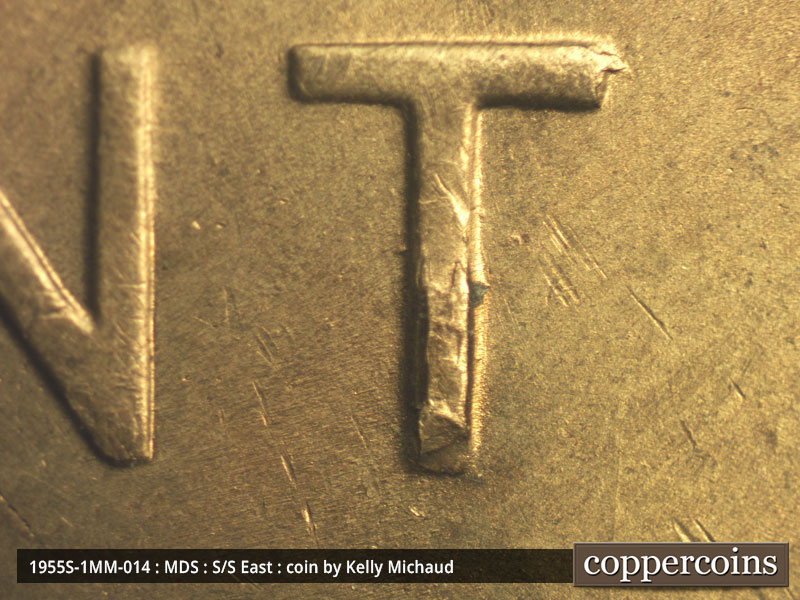 Die-stage B marker on 1955S•1MM•014 (1955 Repunched Mint Mark).