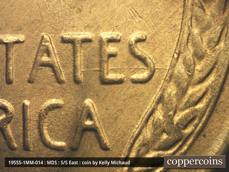 Die-stage B marker on 1955S•1MM•014 (1955 Repunched Mint Mark).