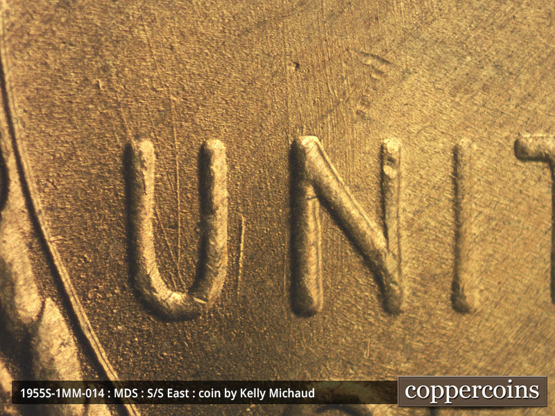 Die-stage B marker on 1955S•1MM•014 (1955 Repunched Mint Mark).