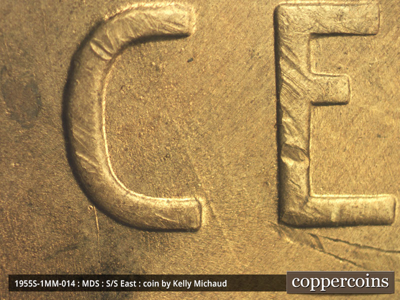 Die-stage B marker on 1955S•1MM•014 (1955 Repunched Mint Mark).