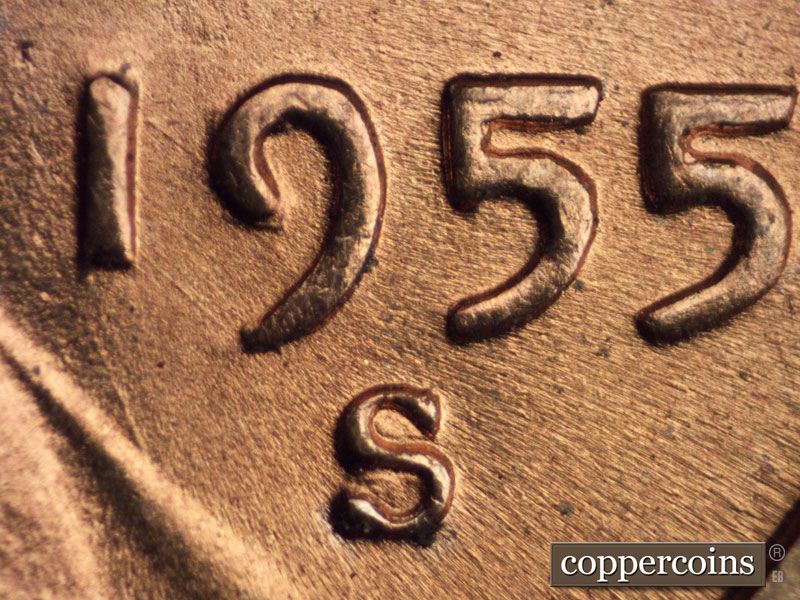 1955 Lincoln cent obverse, CopperCoins die 1955S•1MM•015.