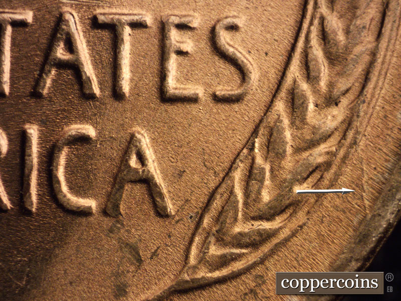 Die-stage B marker on 1955S•1MM•015 (1955 Repunched Mint Mark).