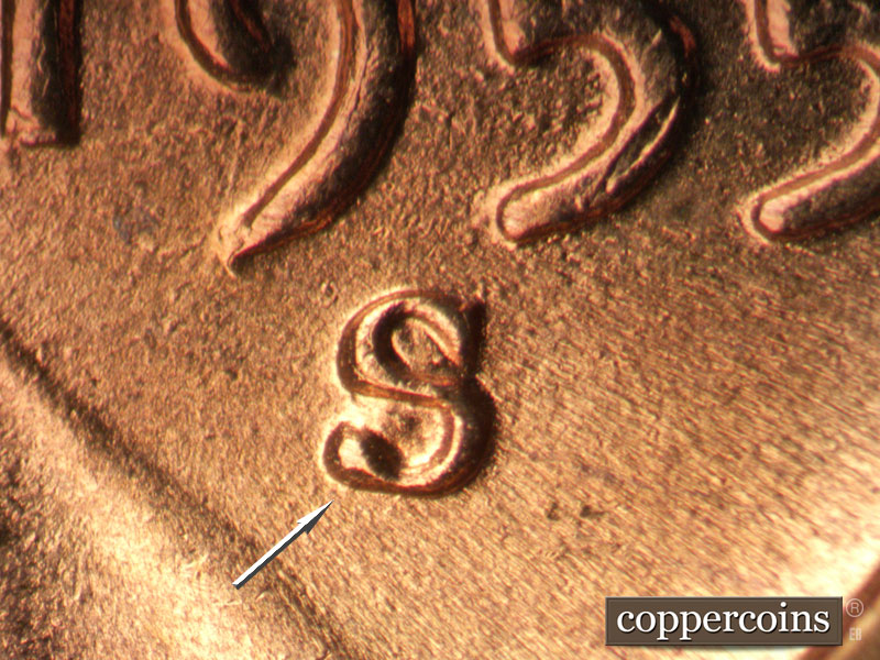 Die-stage C marker on 1955S•1MM•017 (1955 Repunched Mint Mark).