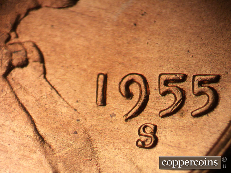 Die-stage C marker on 1955S•1MM•017 (1955 Repunched Mint Mark).