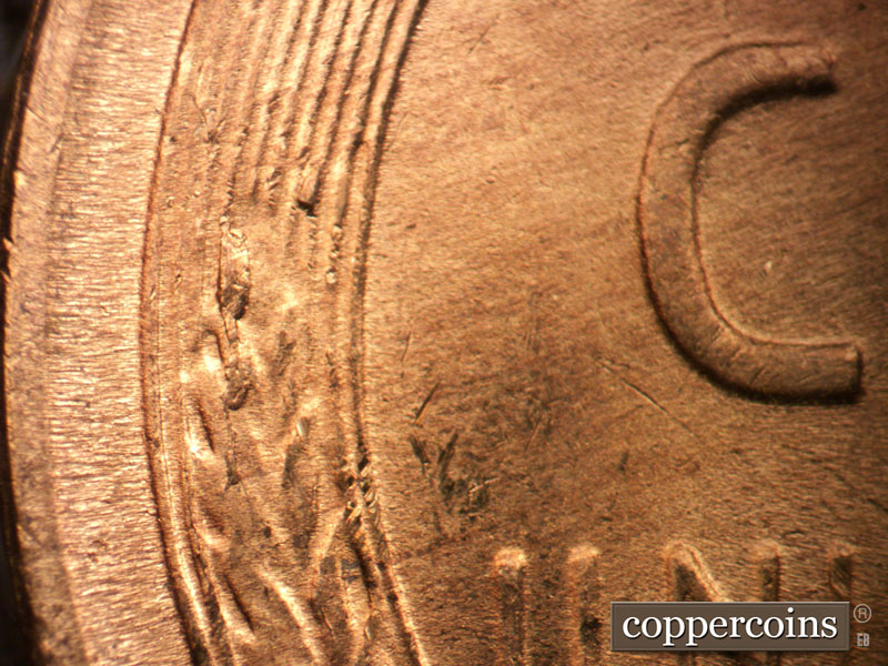 Die-stage C marker on 1955S•1MM•017 (1955 Repunched Mint Mark).