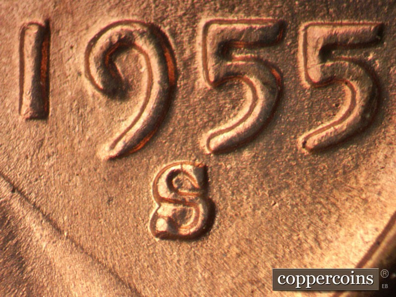 1955 Lincoln cent obverse, CopperCoins die 1955S•1MM•018.