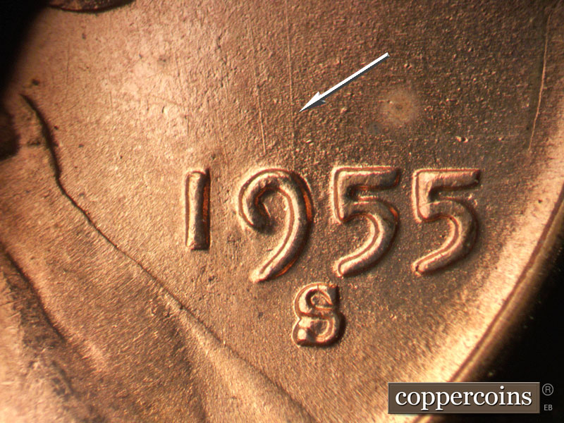 Die-stage B marker on 1955S•1MM•018 (1955 Repunched Mint Mark).