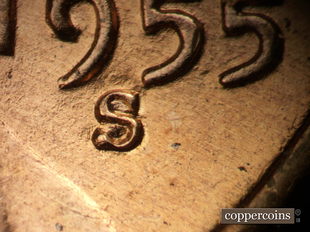 Die-stage A marker on 1955S•1MM•019 showing Closeup of repunched mint mark.