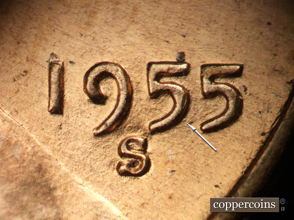 Die-stage A marker on 1955S•1MM•019 showing Die dot near first 5 in date.