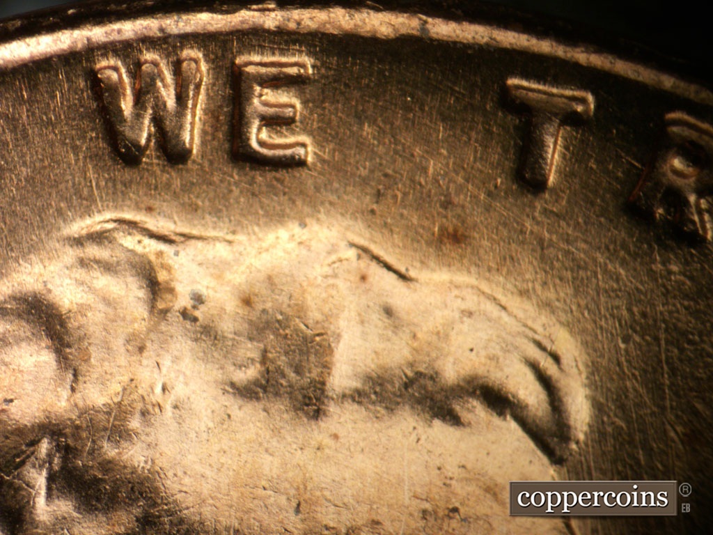 Die-stage A marker on 1955S•1MM•019 showing SE die scratch in bottom of E in WE.