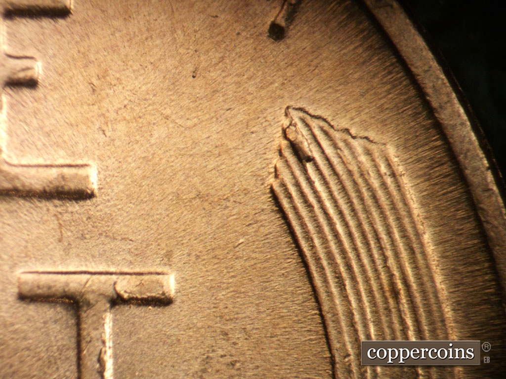 Die-stage A marker on 1955S•1MM•019 showing Die chip on right wheat stalk tipo.