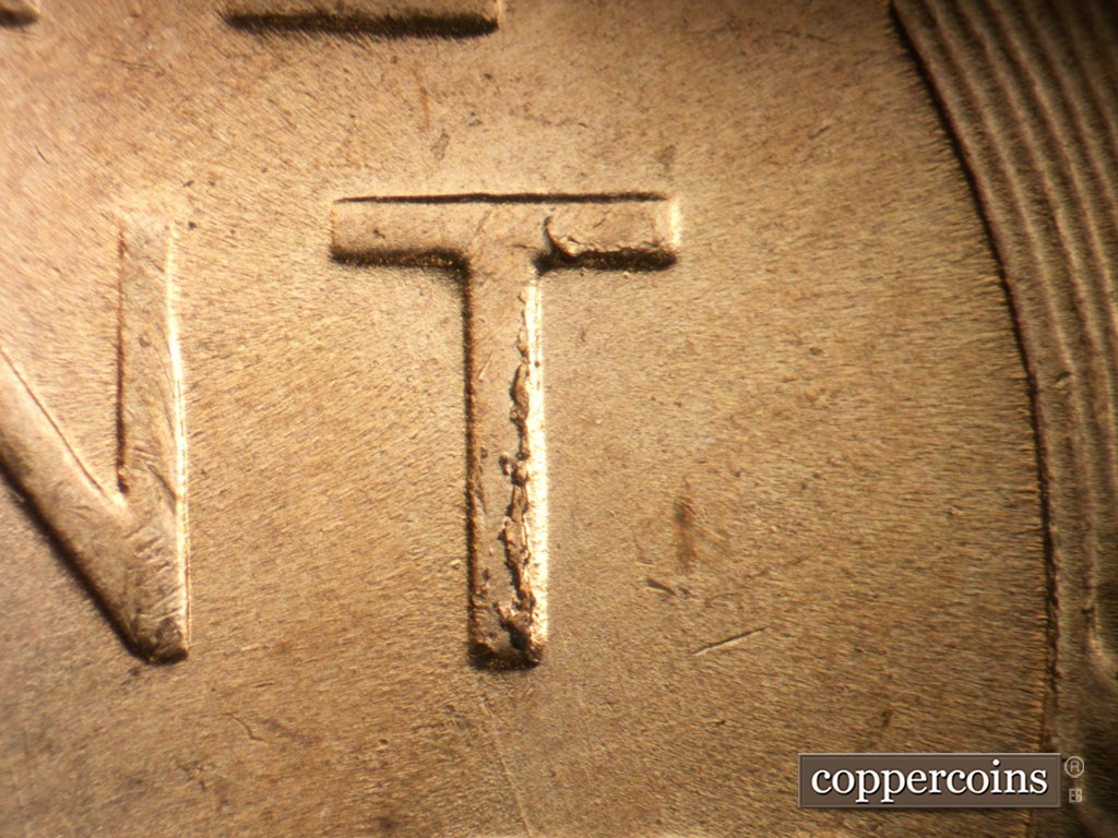 Die-stage A marker on 1955S•1MM•019 showing Die chipping on vertical of T in CENT.