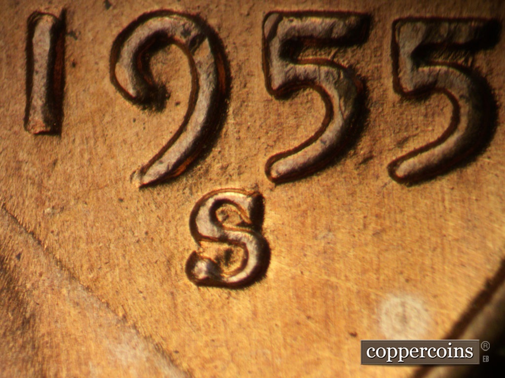 Die-stage B marker on 1955S•1MM•019 showing Closeup of repunched mint mark.