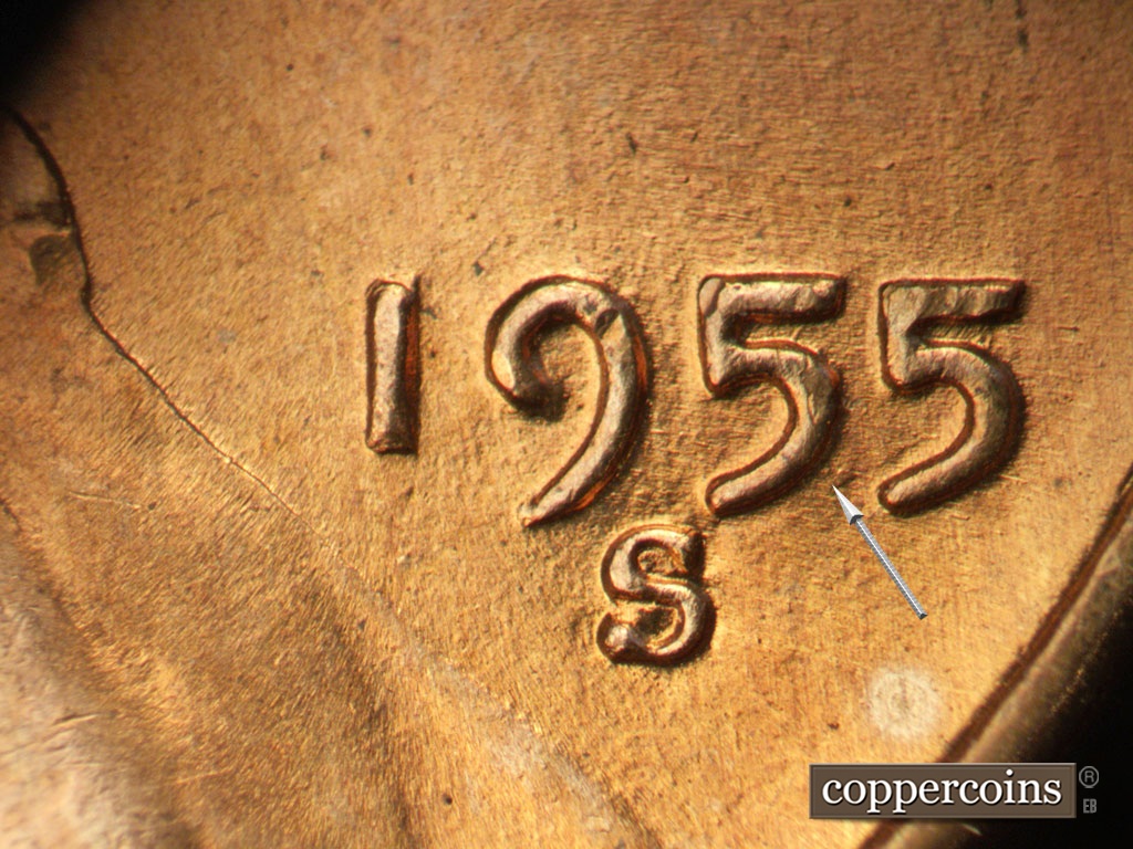 Die-stage B marker on 1955S•1MM•019 showing Die dot near first 5 in date.