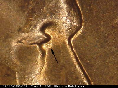 Die-stage A marker on 1956D•1DO•002 (1956 Doubled Die Obverse).