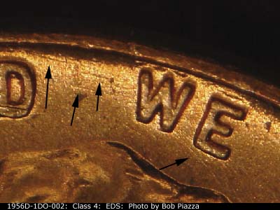 Die-stage A marker on 1956D•1DO•002 (1956 Doubled Die Obverse).