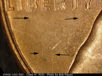 Die-stage A marker on 1956D•1DO•002 (1956 Doubled Die Obverse).