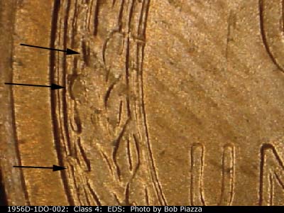 Die-stage A marker on 1956D•1DO•002 (1956 Doubled Die Obverse).