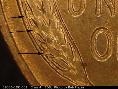 Die-stage A marker on 1956D•1DO•002 (1956 Doubled Die Obverse).