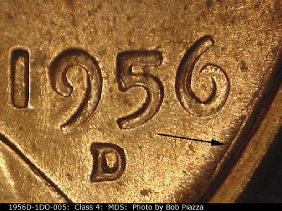 Die-stage B marker on 1956D•1DO•005 (1956 Doubled Die Obverse).