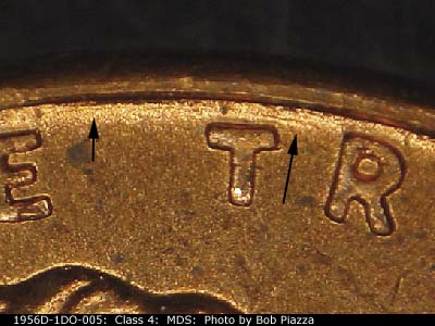 Die-stage B marker on 1956D•1DO•005 (1956 Doubled Die Obverse).