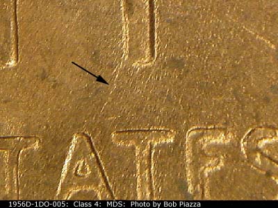 Die-stage B marker on 1956D•1DO•005 (1956 Doubled Die Obverse).