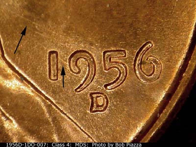 Die-stage B marker on 1956D•1DO•007 (1956 Doubled Die Obverse).