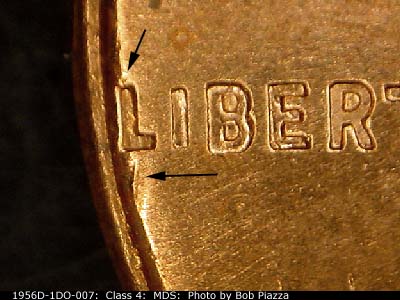 Die-stage B marker on 1956D•1DO•007 (1956 Doubled Die Obverse).