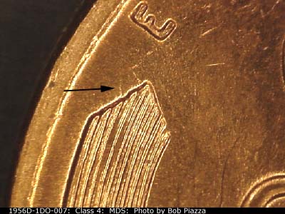 Die-stage B marker on 1956D•1DO•007 (1956 Doubled Die Obverse).