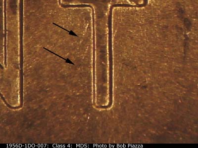 Die-stage B marker on 1956D•1DO•007 (1956 Doubled Die Obverse).