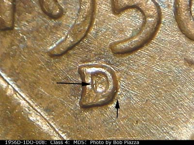Die-stage B marker on 1956D•1DO•008 (1956 Doubled Die Obverse).