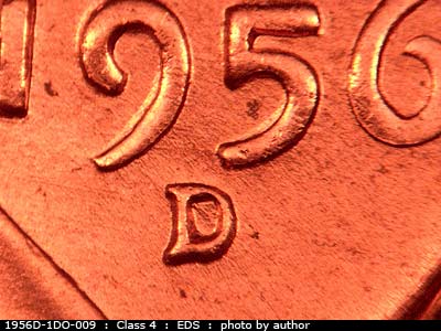 Die-stage A marker on 1956D•1DO•009 (1956 Doubled Die Obverse).