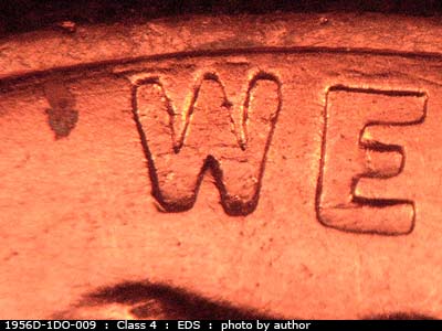 Die-stage A marker on 1956D•1DO•009 (1956 Doubled Die Obverse).