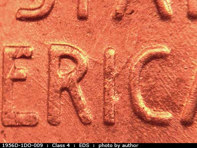 Die-stage A marker on 1956D•1DO•009 (1956 Doubled Die Obverse).