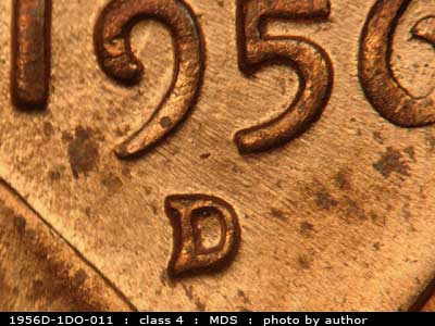 Die-stage B marker on 1956D•1DO•011 (1956 Doubled Die Obverse).