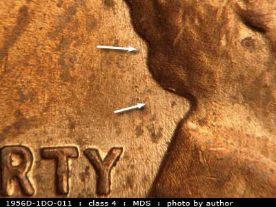 Die-stage B marker on 1956D•1DO•011 (1956 Doubled Die Obverse).