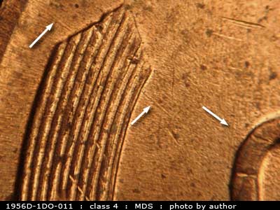 Die-stage B marker on 1956D•1DO•011 (1956 Doubled Die Obverse).