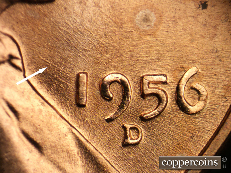 Die-stage B marker on 1956D•1DO•012 (1956 Doubled Die Obverse).