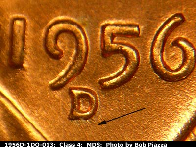 Die-stage A marker on 1956D•1DO•013 (1956 Doubled Die Obverse).