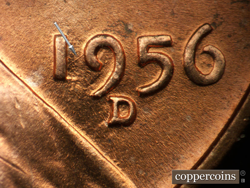 Die-stage B marker on 1956D•1DO•013 (1956 Doubled Die Obverse).